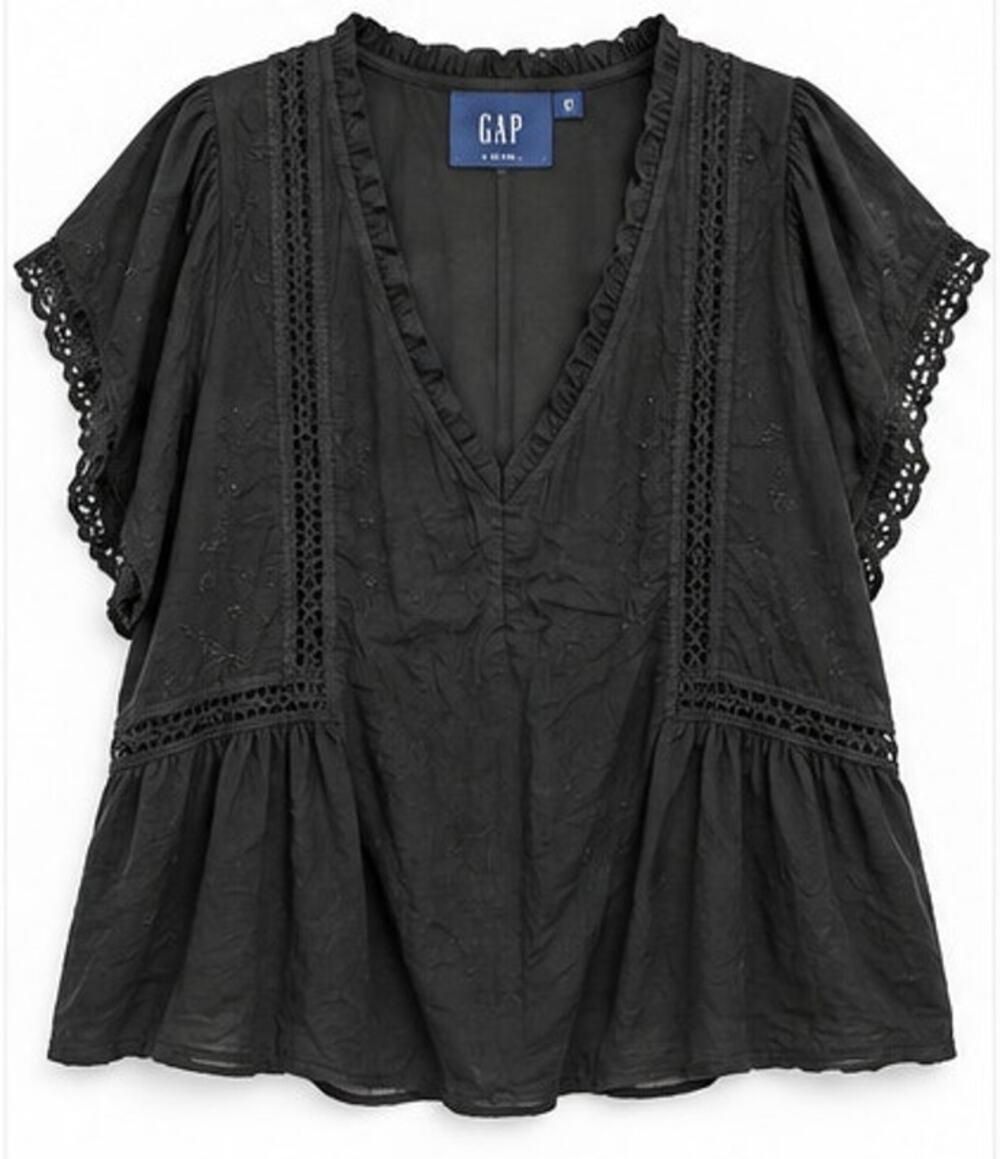 Gap Black Embroidered Eyelet Lace Trim Blouse 100% cotton Size Small Boho